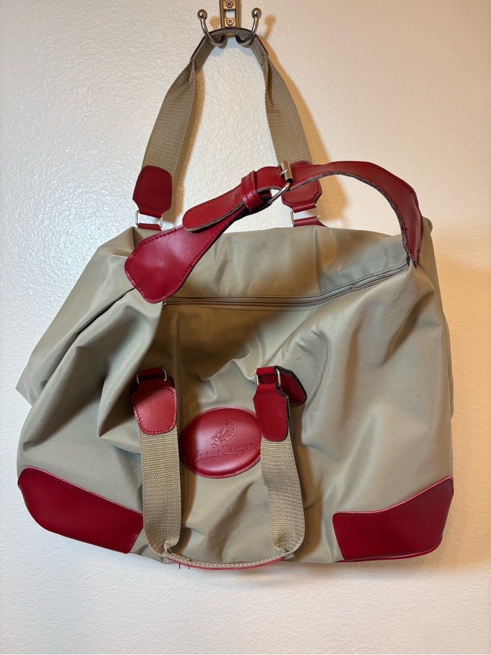 Beau Ridge Tan Nylon duffle with Red Leather Accents